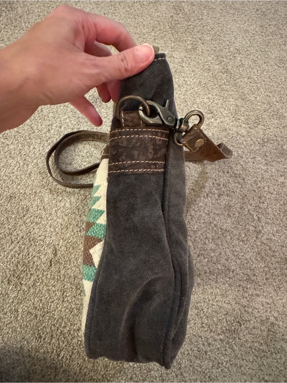 Myra Brown Canvas & Leather Crossbody Bag Western Aztec Adjustable Strap - Picture 5 of 10